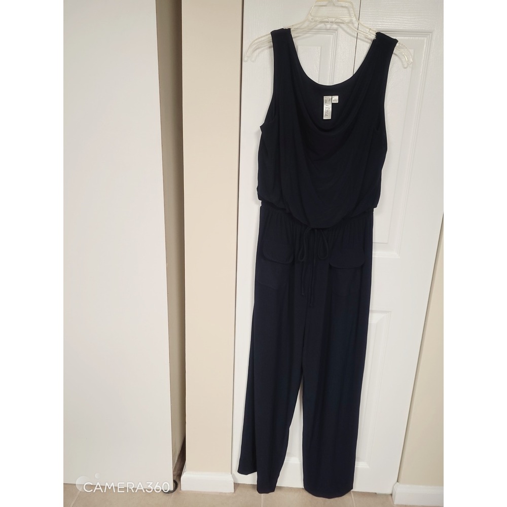 Emma & Michele Navy Cowl Neck Wide Leg Stylish Party Jumpsuit Womens Size L